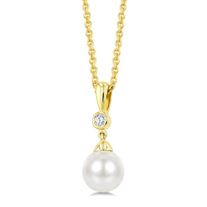 7 MM White Cultured Pearl and 1/20 Ctw Round Cut Diamond Pendant With Chain in 10K Yellow Gold