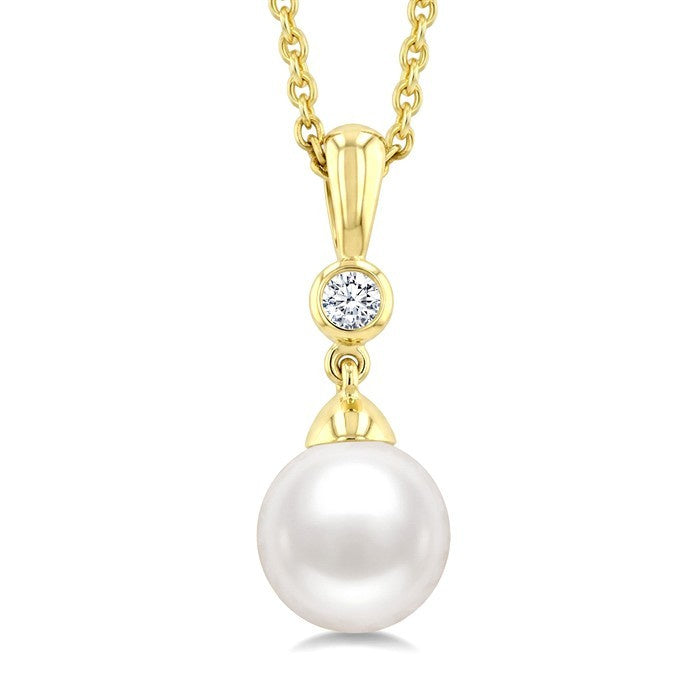 7 MM White Cultured Pearl and 1/20 Ctw Round Cut Diamond Pendant With Chain in 10K Yellow Gold