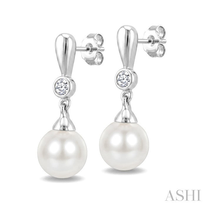 6 MM White Cultured Pearl and 1/20 Ctw Round Cut Diamond Earrings in 10K White Gold