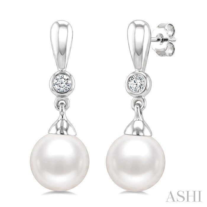 6 MM White Cultured Pearl and 1/20 Ctw Round Cut Diamond Earrings in 10K White Gold