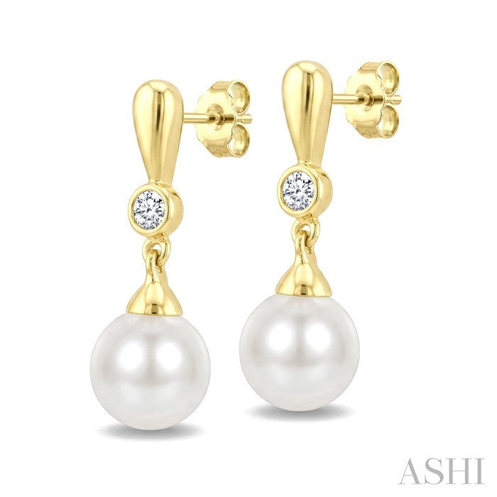 6 MM White Cultured Pearl and 1/20 Ctw Round Cut Diamond Earrings in 10K Yellow Gold