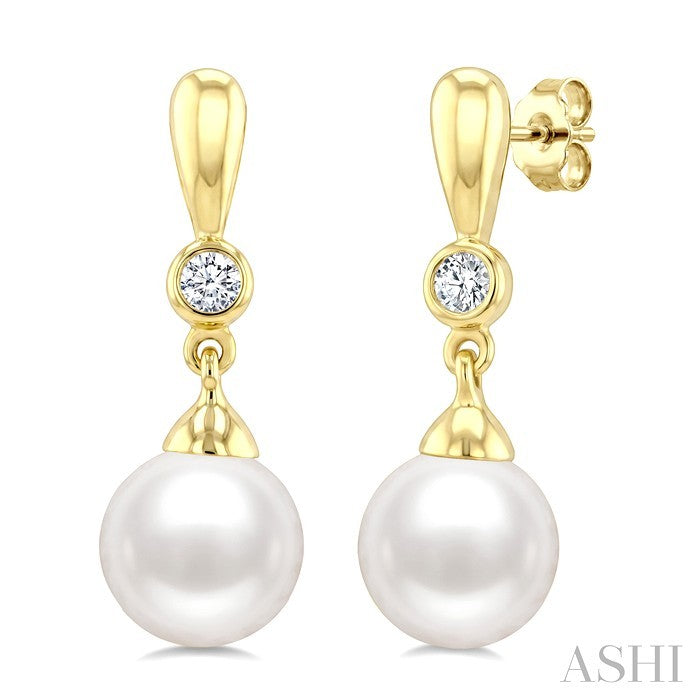 6 MM White Cultured Pearl and 1/20 Ctw Round Cut Diamond Earrings in 10K Yellow Gold