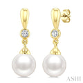 6 MM White Cultured Pearl and 1/20 Ctw Round Cut Diamond Earrings in 10K Yellow Gold