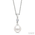 7 MM White Cultured Pearl and 1/20 Ctw Round Cut Diamond Pendant With Chain in 10K White Gold