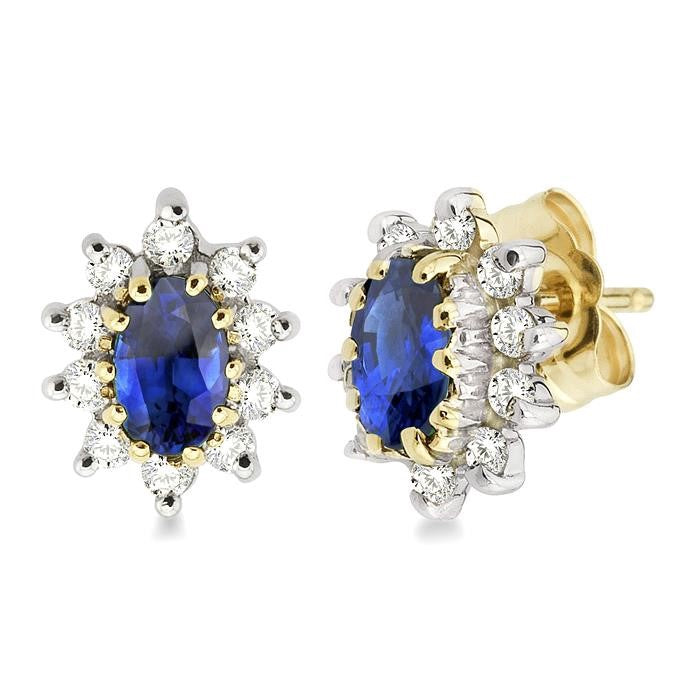 5X3 MM Oval Cut Sapphire and 1/4 Ctw Round Cut Diamond Earrings in 14K Yellow Gold