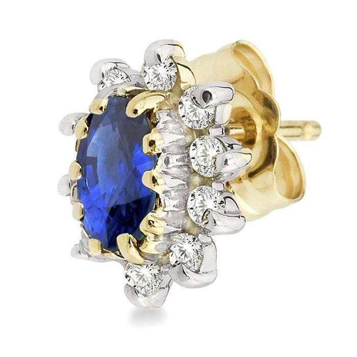 5X3 MM Oval Cut Sapphire and 1/4 Ctw Round Cut Diamond Earrings in 14K Yellow Gold