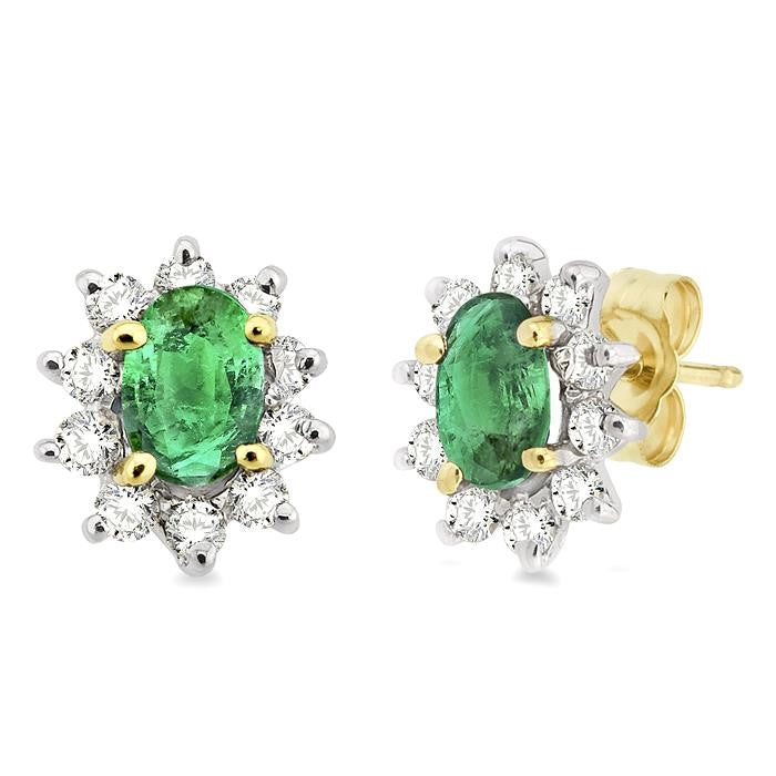 6x4MM Oval Cut Emerald and 1/2 Ctw Round Cut Diamond Earrings in 14K Yellow Gold