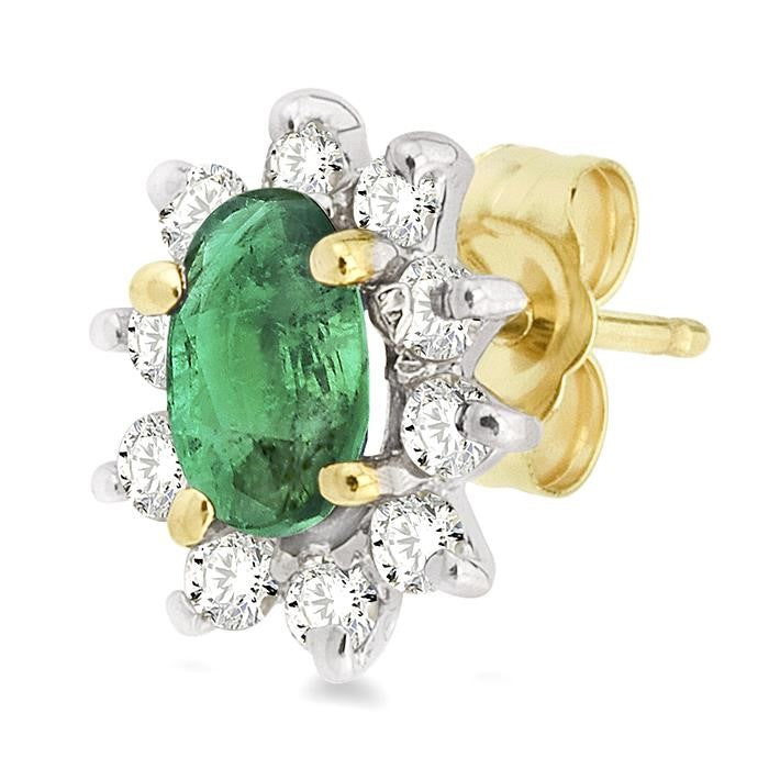 6x4MM Oval Cut Emerald and 1/2 Ctw Round Cut Diamond Earrings in 14K Yellow Gold