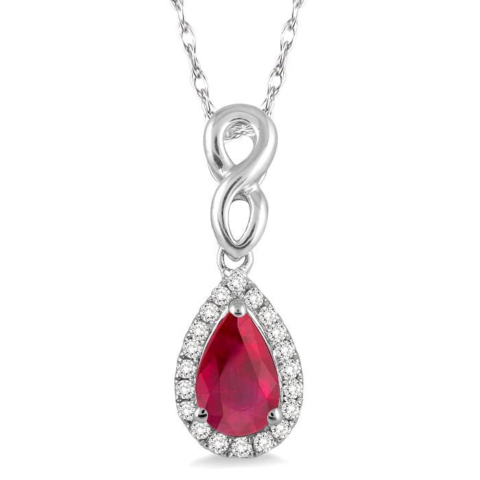 6x4 MM Pear Shape Ruby and 1/10 Ctw Round Cut Diamond Pendant in 14K White Gold with Chain