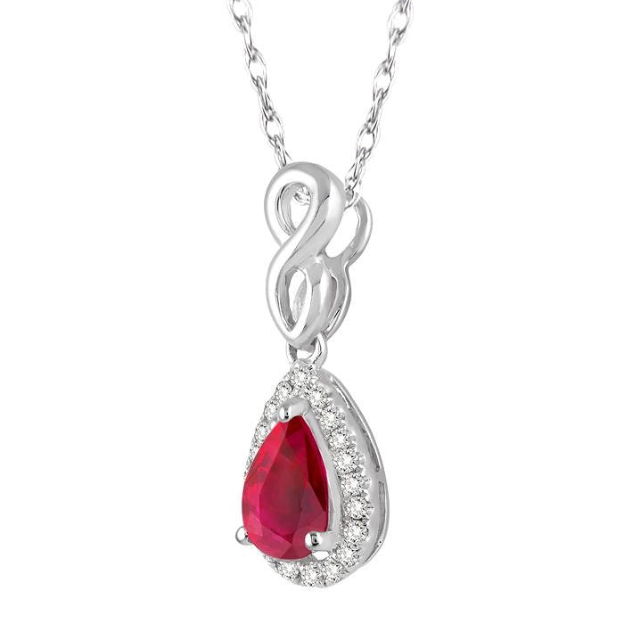 6x4 MM Pear Shape Ruby and 1/10 Ctw Round Cut Diamond Pendant in 14K White Gold with Chain
