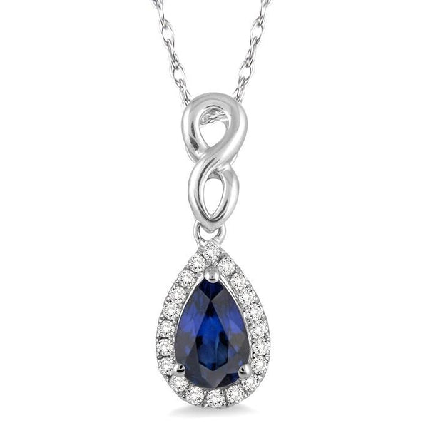 6x4 MM Pear Shape Sapphire and 1/10 Ctw Round Cut Diamond Pendant in 14K White Gold with Chain