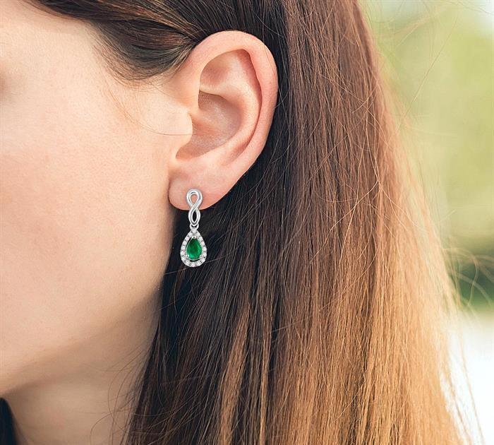 5x3 MM Pear Shape Emerald and 1/6 Ctw Round Cut Diamond Earrings in 10K White Gold