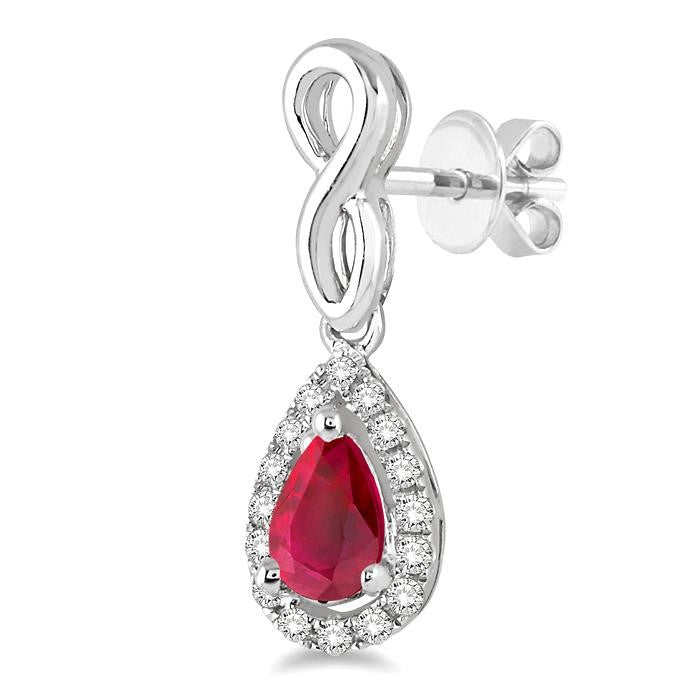 5x3 MM Pear Shape Ruby and 1/6 Ctw Round Cut Diamond Earrings in 10K White Gold