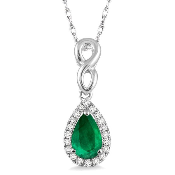 6x4 MM Pear Shape Emerald and 1/10 Ctw Round Cut Diamond Pendant in 10K White Gold with Chain