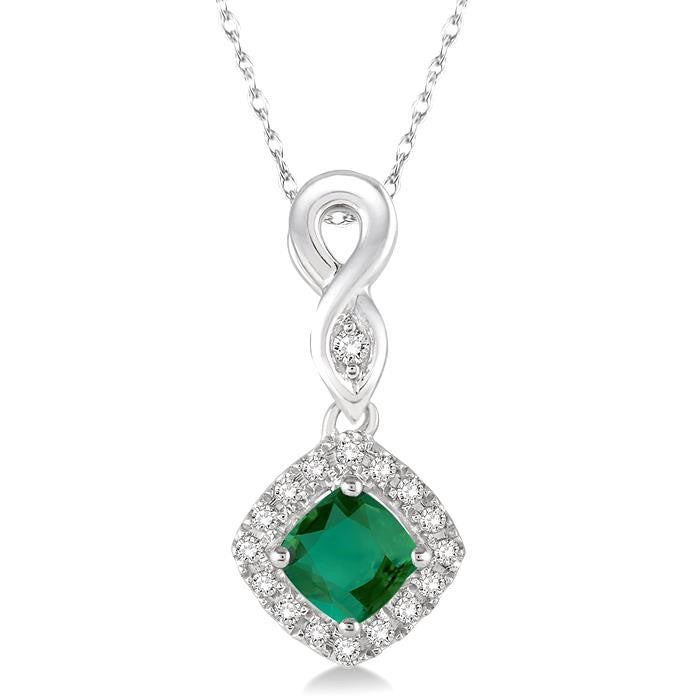 4x4 MM Cushion Shape Emerald and 1/10 Ctw Round Cut Diamond Pendant in 14K White Gold with Chain