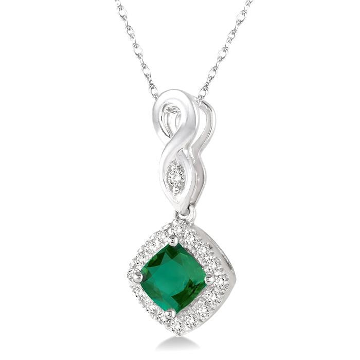 4x4 MM Cushion Shape Emerald and 1/10 Ctw Round Cut Diamond Pendant in 14K White Gold with Chain