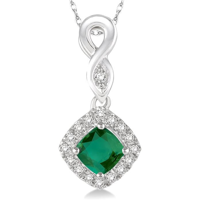 4x4 MM Cushion Shape Emerald and 1/10 Ctw Round Cut Diamond Pendant in 14K White Gold with Chain