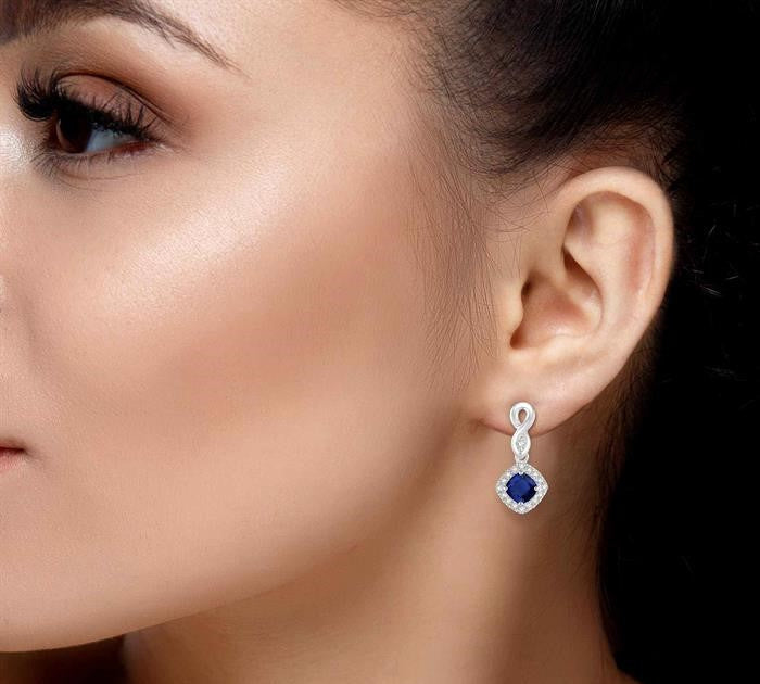 4x4 MM Cushion Shape Sapphire and 1/5 Ctw Round Cut Diamond Earrings in 10K White Gold