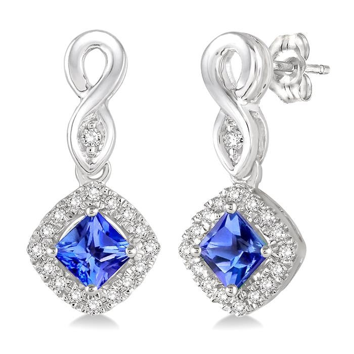 4x4 MM Cushion Shape Tanzanite and 1/5 Ctw Round Cut Diamond Earrings in 10K White Gold
