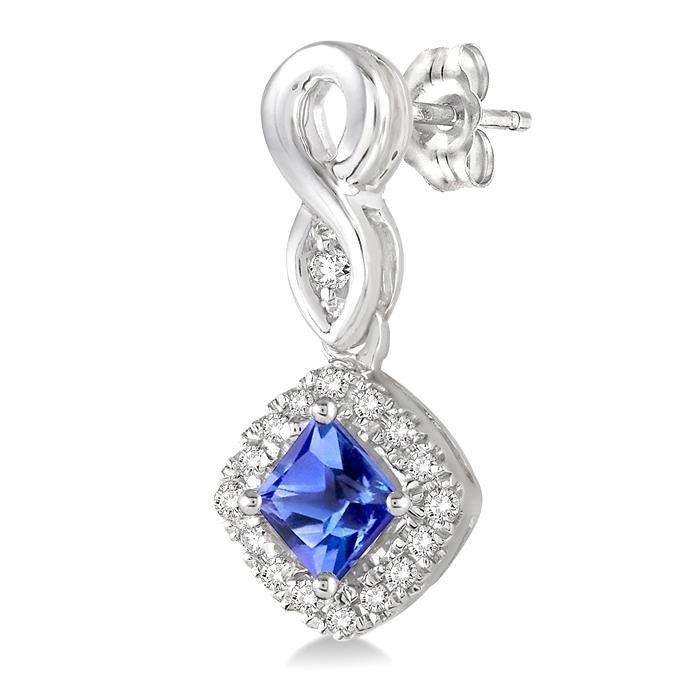 4x4 MM Cushion Shape Tanzanite and 1/5 Ctw Round Cut Diamond Earrings in 10K White Gold