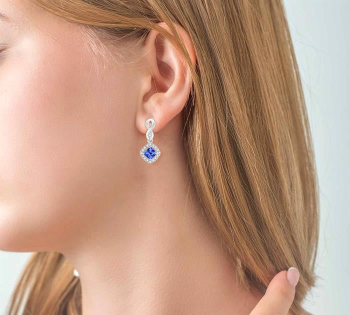 4x4 MM Cushion Shape Tanzanite and 1/5 Ctw Round Cut Diamond Earrings in 10K White Gold