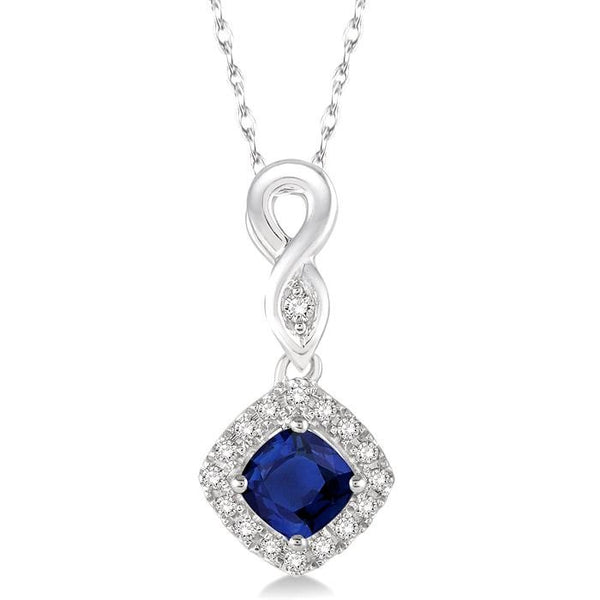 4x4 MM Cushion Shape Sapphire and 1/10 Ctw Round Cut Diamond Pendant in 10K White Gold with Chain
