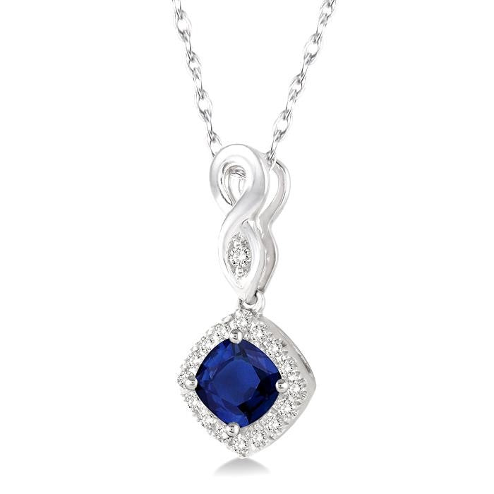 4x4 MM Cushion Shape Sapphire and 1/10 Ctw Round Cut Diamond Pendant in 10K White Gold with Chain
