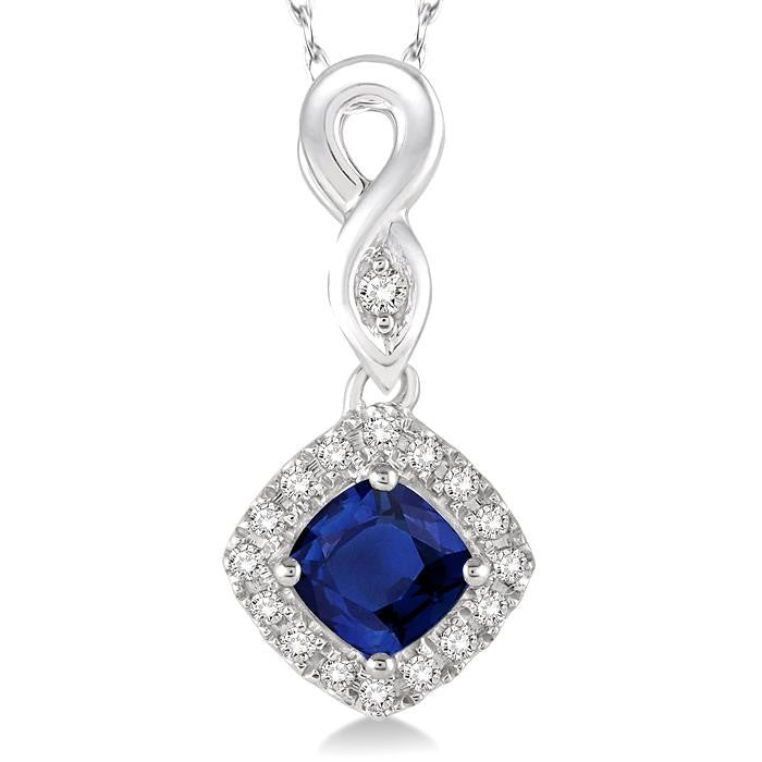 4x4 MM Cushion Shape Sapphire and 1/10 Ctw Round Cut Diamond Pendant in 10K White Gold with Chain