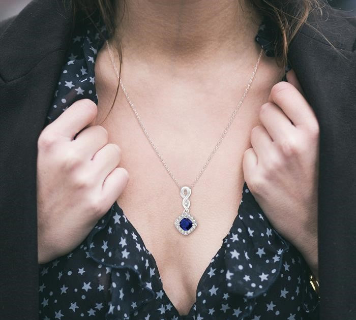 4x4 MM Cushion Shape Sapphire and 1/10 Ctw Round Cut Diamond Pendant in 10K White Gold with Chain