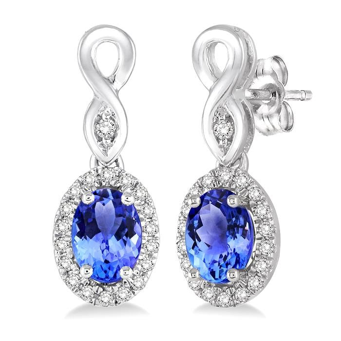 5x3 MM Oval Cut Tanzanite and 1/6 Ctw Round Cut Diamond Earrings in 14K White Gold