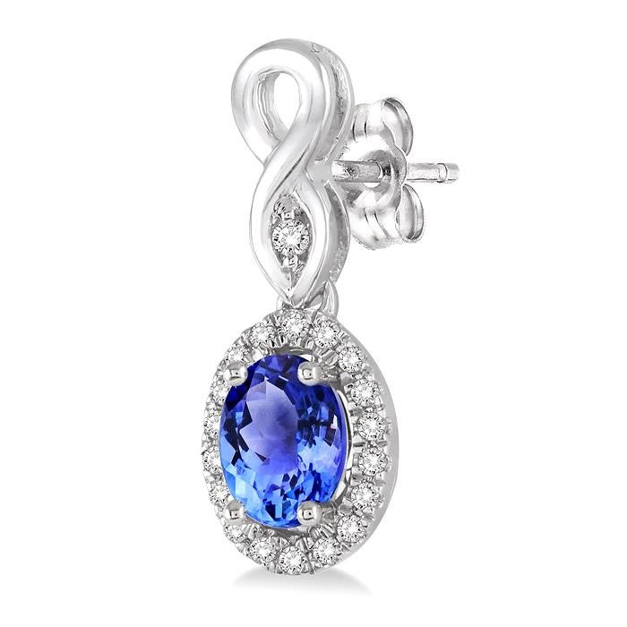 5x3 MM Oval Cut Tanzanite and 1/6 Ctw Round Cut Diamond Earrings in 14K White Gold