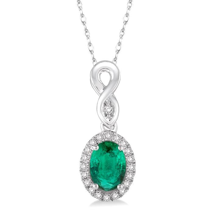 6x4 MM Oval Cut Emerald and 1/10 Ctw Round Cut Diamond Pendant in 14K White Gold with Chain