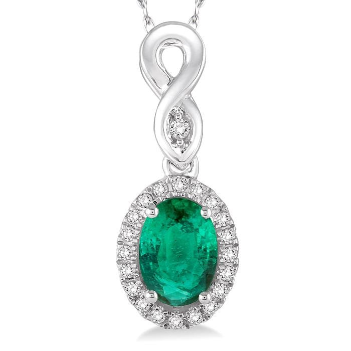 6x4 MM Oval Cut Emerald and 1/10 Ctw Round Cut Diamond Pendant in 14K White Gold with Chain
