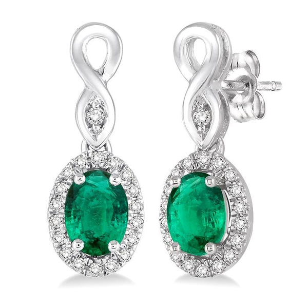 5x3 MM Oval Cut Emerald and 1/6 Ctw Round Cut Diamond Earrings in 10K White Gold