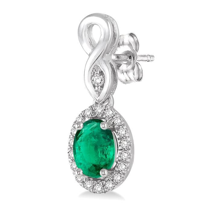 5x3 MM Oval Cut Emerald and 1/6 Ctw Round Cut Diamond Earrings in 10K White Gold