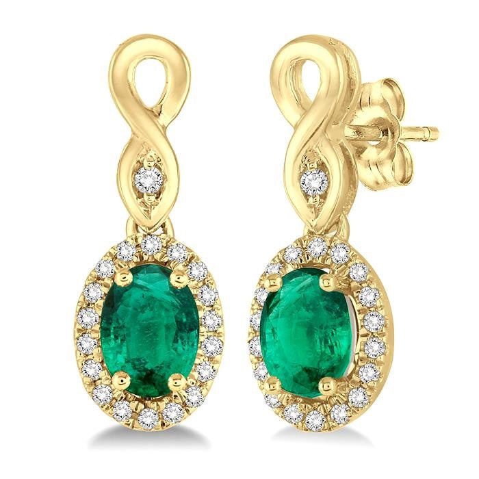 5X3 MM Oval Cut Emerald and 1/6 Ctw Round Cut Diamond Earrings in 10K Yellow Gold