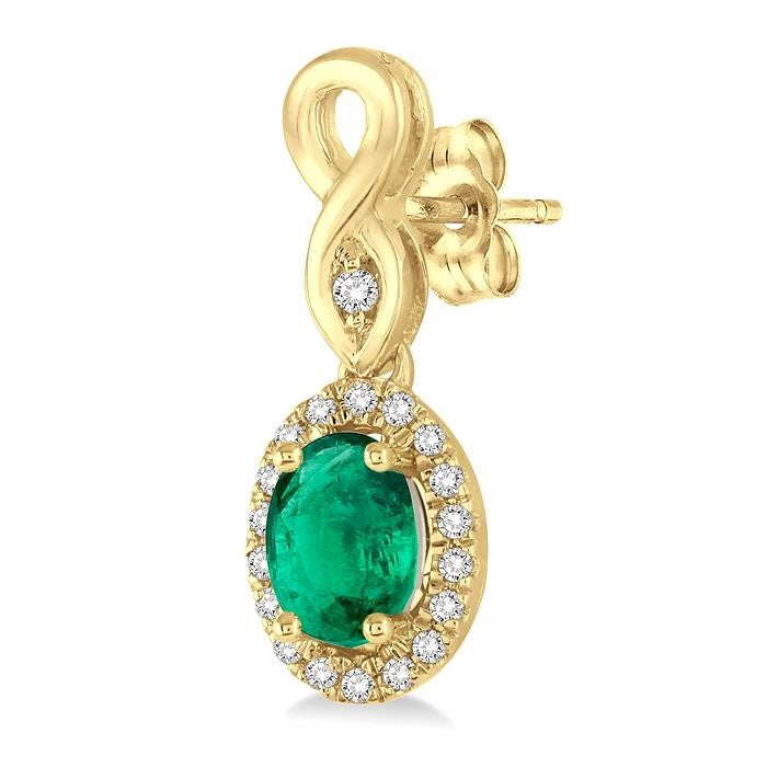 5X3 MM Oval Cut Emerald and 1/6 Ctw Round Cut Diamond Earrings in 10K Yellow Gold