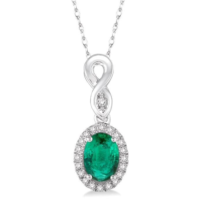 6x4 MM Oval Cut Emerald and 1/10 Ctw Round Cut Diamond Pendant in 10K White Gold with Chain