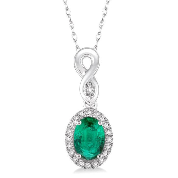 6x4 MM Oval Cut Emerald and 1/10 Ctw Round Cut Diamond Pendant in 10K White Gold with Chain