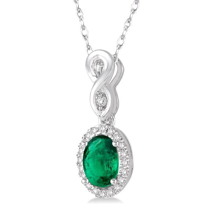 6x4 MM Oval Cut Emerald and 1/10 Ctw Round Cut Diamond Pendant in 10K White Gold with Chain