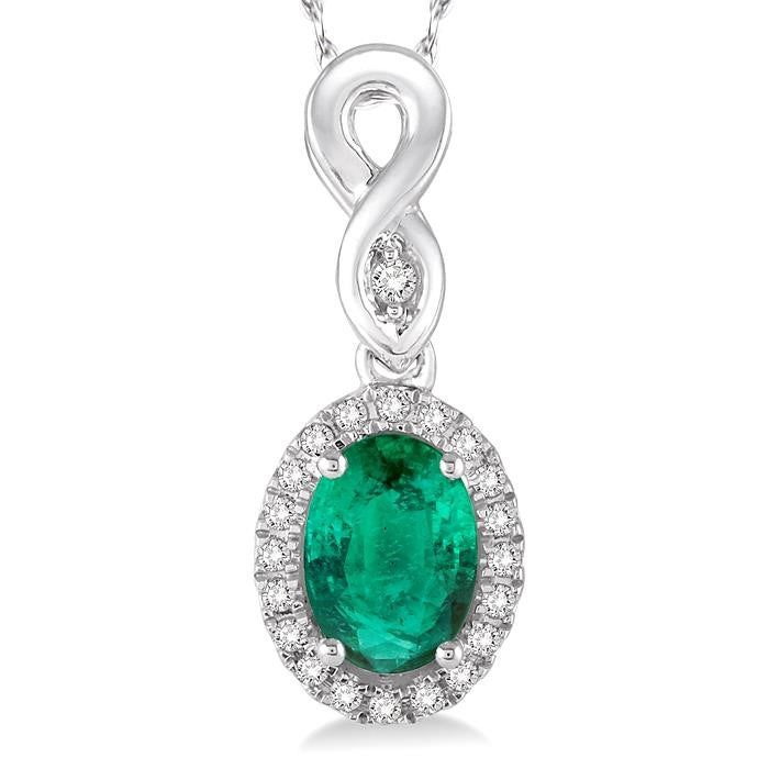 6x4 MM Oval Cut Emerald and 1/10 Ctw Round Cut Diamond Pendant in 10K White Gold with Chain