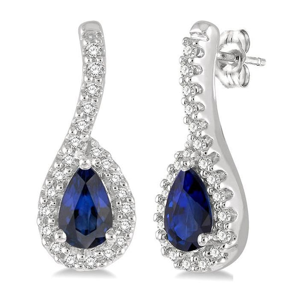5x3 MM Hanging Arm Pear Cut Sapphire and 1/6 Ctw Round Cut Diamond Precious Earrings in 10K White Gold
