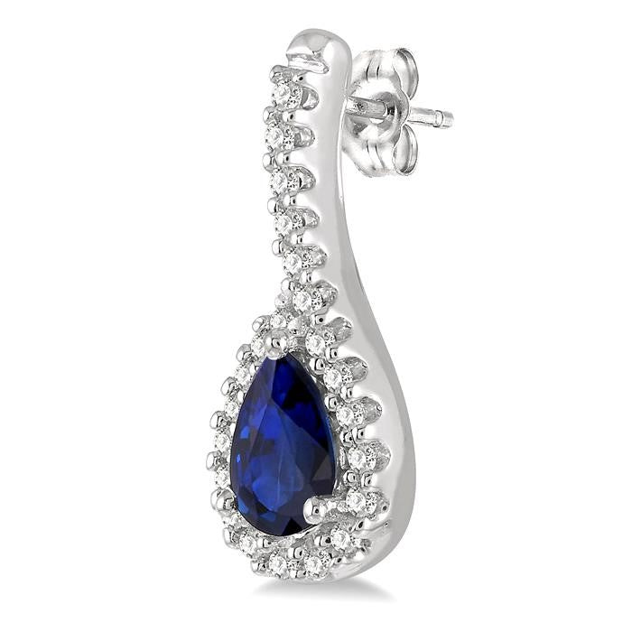 5x3 MM Hanging Arm Pear Cut Sapphire and 1/6 Ctw Round Cut Diamond Precious Earrings in 10K White Gold