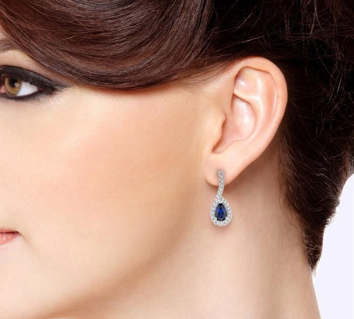5x3 MM Hanging Arm Pear Cut Sapphire and 1/6 Ctw Round Cut Diamond Precious Earrings in 10K White Gold