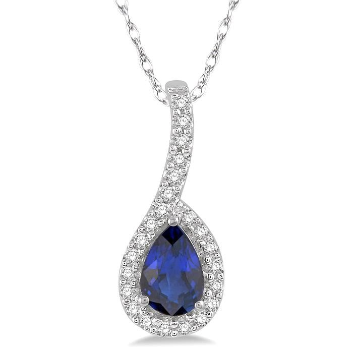 6X4 MM Pear Shape Sapphire and 1/8 Ctw Round Cut Diamond Precious Pendant With Chain in 10K White Gold