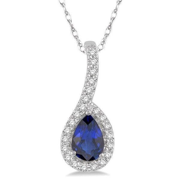 6X4 MM Pear Shape Sapphire and 1/8 Ctw Round Cut Diamond Precious Pendant With Chain in 10K White Gold