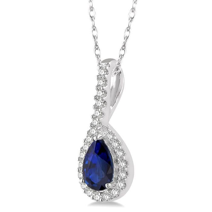 6X4 MM Pear Shape Sapphire and 1/8 Ctw Round Cut Diamond Precious Pendant With Chain in 10K White Gold
