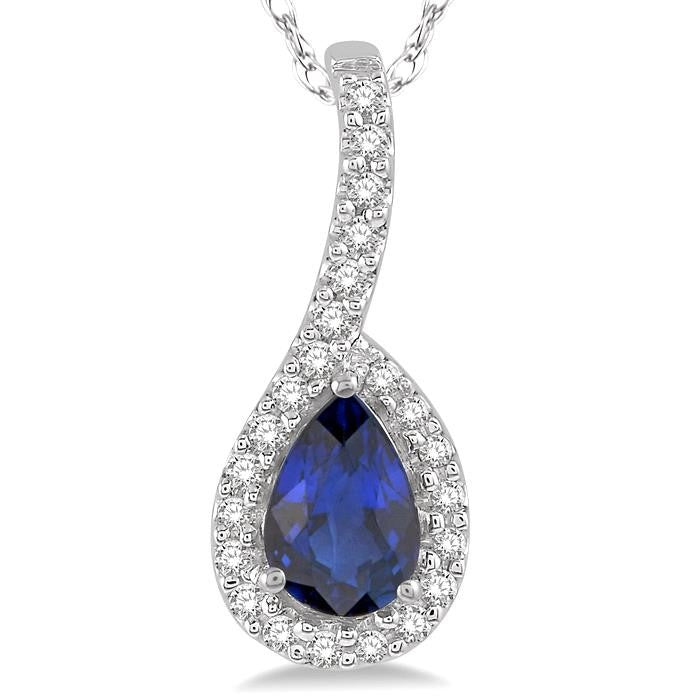 6X4 MM Pear Shape Sapphire and 1/8 Ctw Round Cut Diamond Precious Pendant With Chain in 10K White Gold