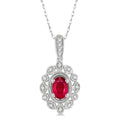 6x4 MM Oval Cut Ruby and 1/8 Ctw Lattice Round Cut Diamond Precious Pendant With Chain in 10K White Gold