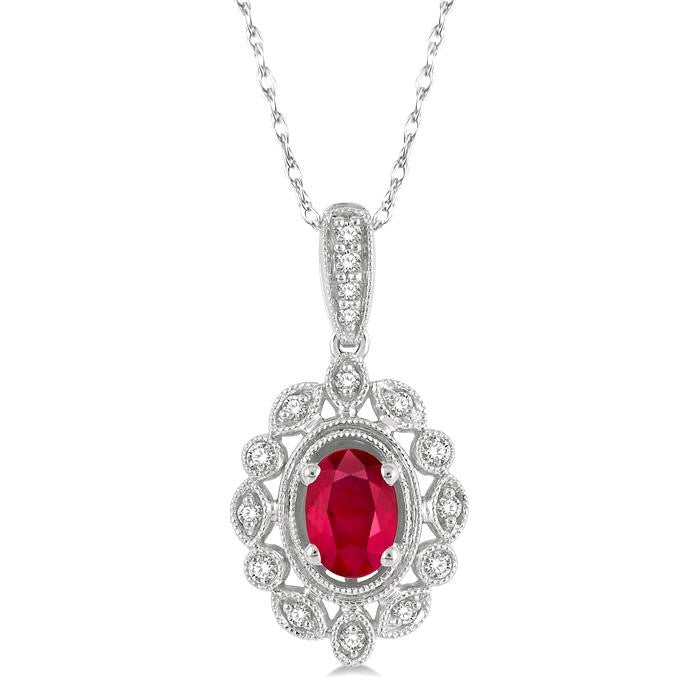 6x4 MM Oval Cut Ruby and 1/8 Ctw Lattice Round Cut Diamond Precious Pendant With Chain in 10K White Gold